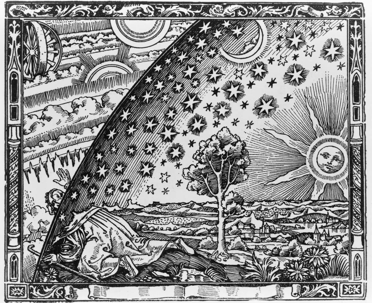 The Flammarion engraving: a traveller reaches through the edge of the sky to see the machinery of the heavens beyond