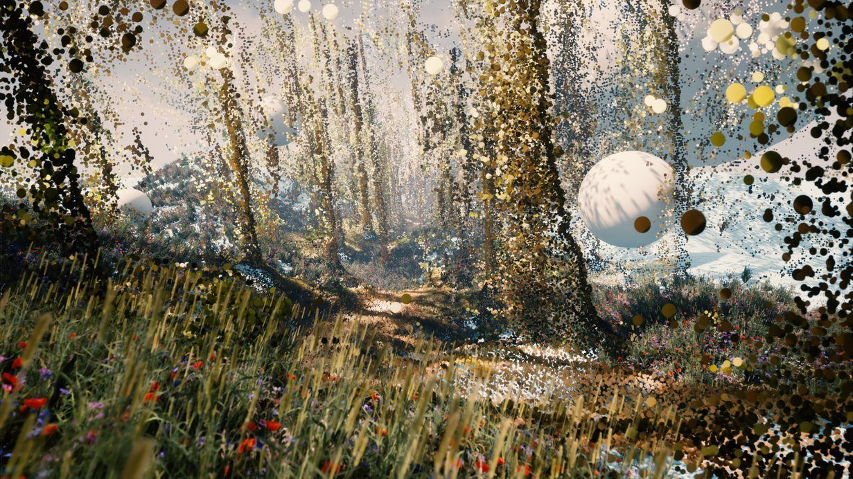 A pointillist digital render of a sunlit forest path, wildflowers in the foreground and luminous spheres suspended among the trees